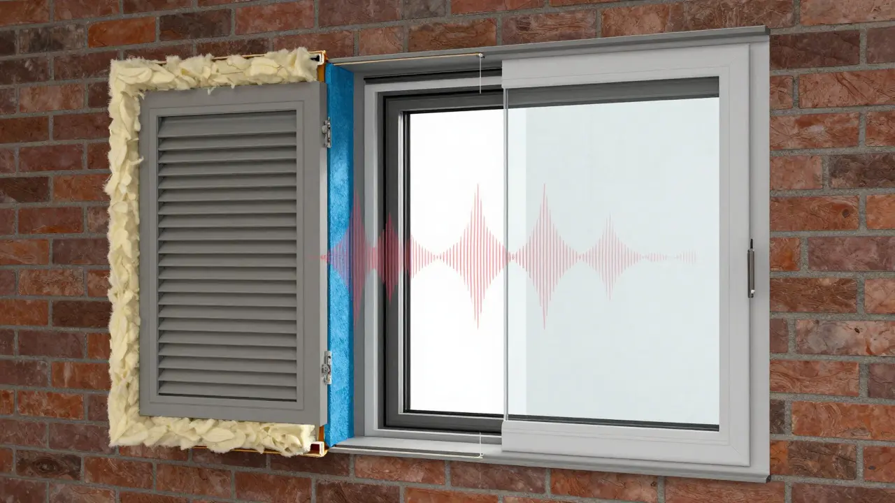 Schnittzeichnung eines schalldämmenden Fensters mit Isolierschichten