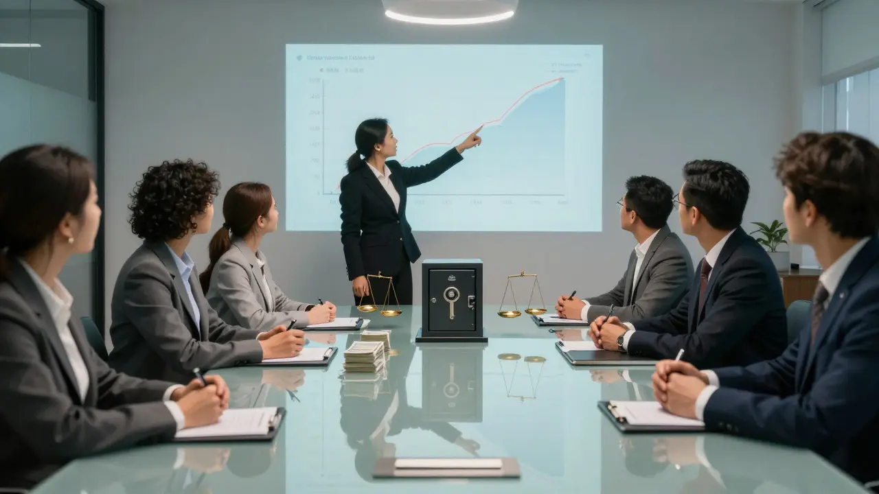 Teamgespräch im Büro über Finanzstrategien und Liquiditätsreserven
