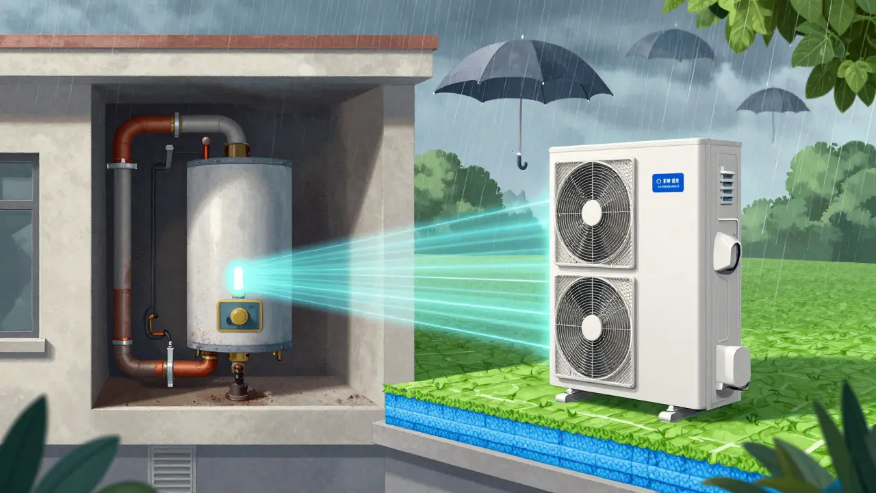 Vergleich alter Gasheizung und moderner Wärmepumpe in Gebäudedetail