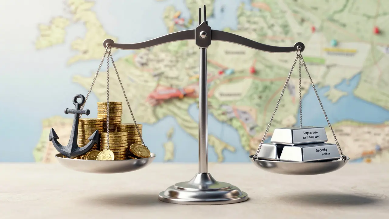 Waage zeigt Abwägung zwischen hohem Risiko und stabiler Rendite bei Immobilien