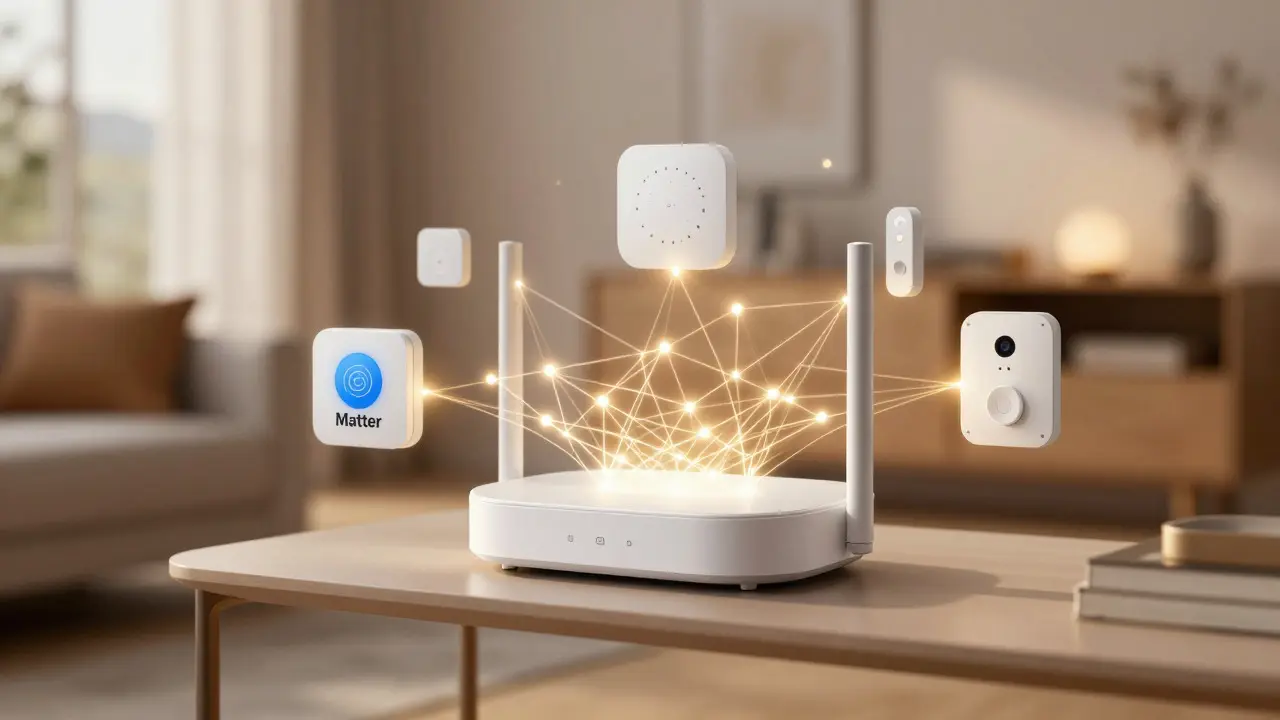 Zentraler Router mit goldenen Lichtfäden, die Smart-Home-Geräte verbinden