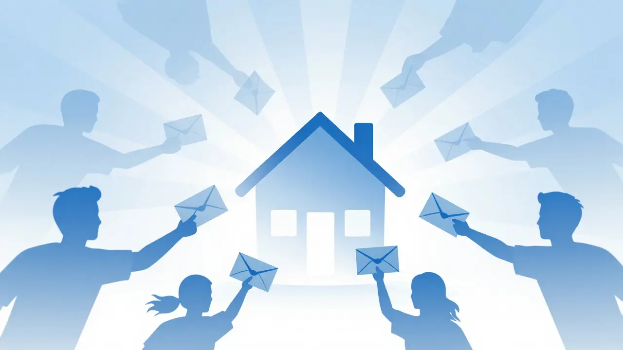Abstract illustration of multiple people bidding on a central house