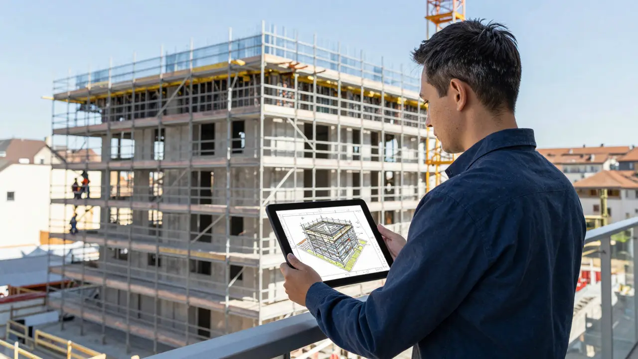 Architekt mit Tablet vor Baustelle mit Gerüst