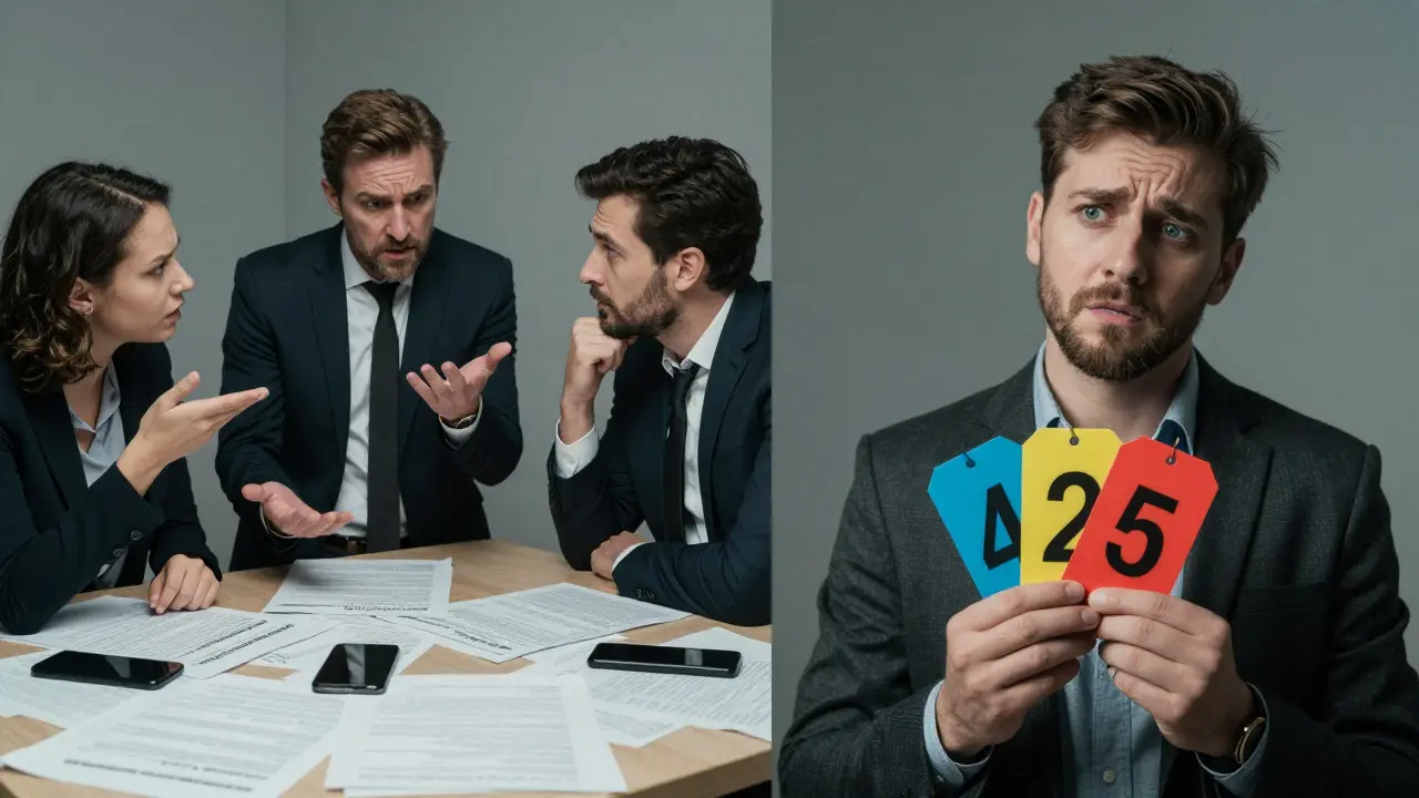 Chaotische Szene mit mehreren Maklern und verwirrtem Käufer