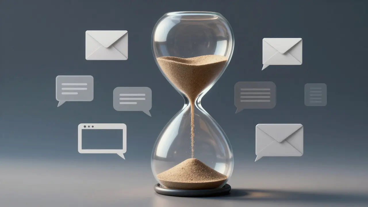 Conceptual hourglass surrounded by abstract digital communication symbols