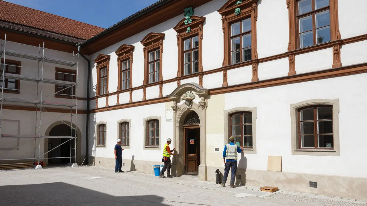 Craftsmen restoring a historic Austrian building facade with matching plaster