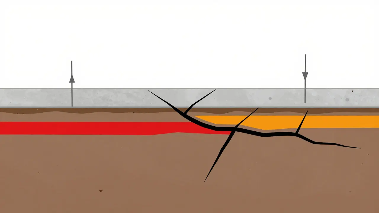 Cross-section illustration showing different types of foundation cracks and soil pressure