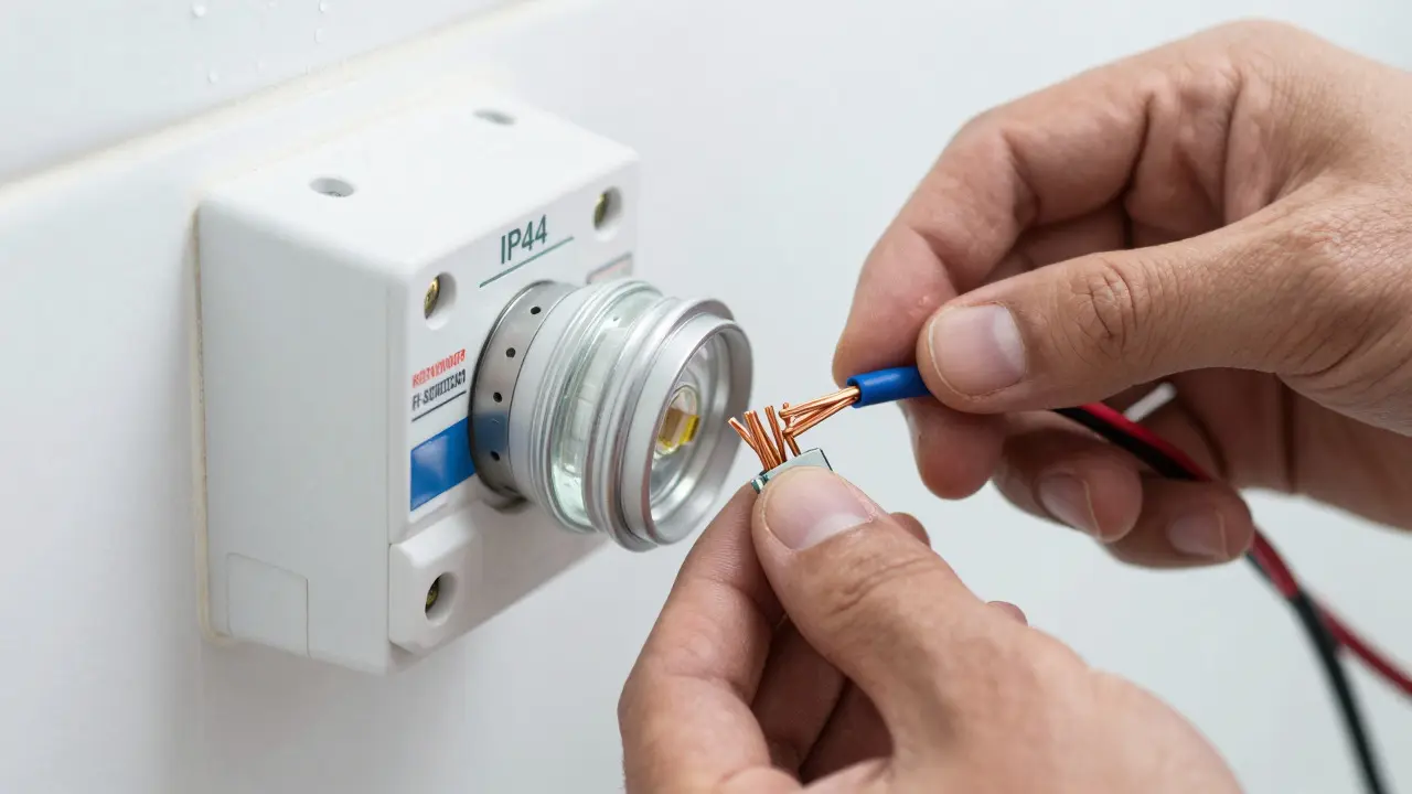 Elektriker installiert wassergeschützte Leuchte und FI-Schutzschalter im Nassbereich