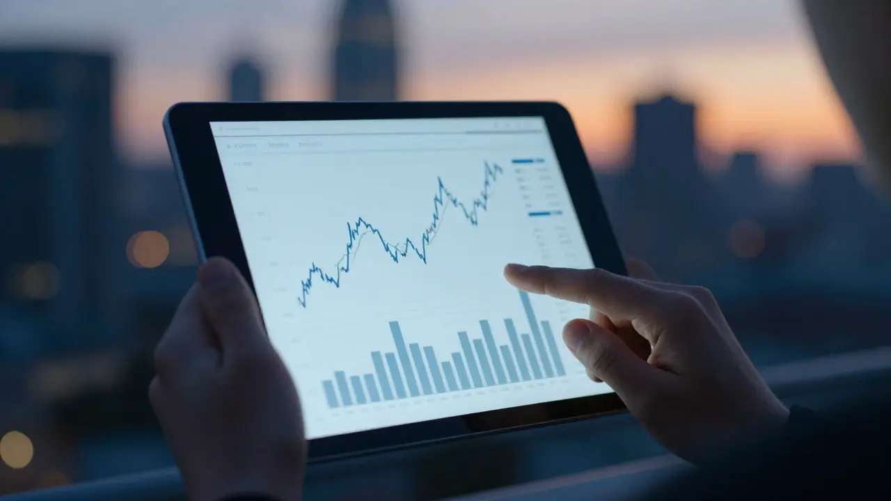 Hands holding a tablet with financial charts against a city skyline