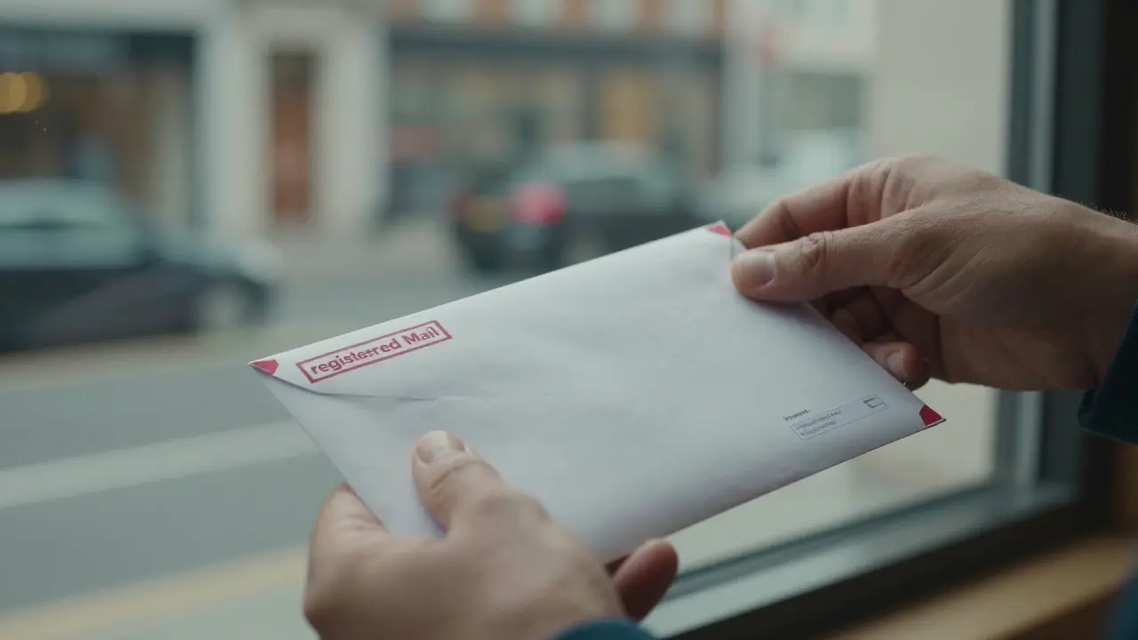 Hands sealing a registered mail envelope near a window