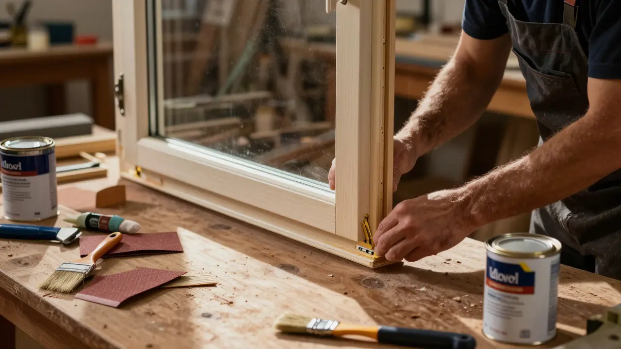 Handwerker installiert neue Dichtungen an einem restaurierten historischen Fenster