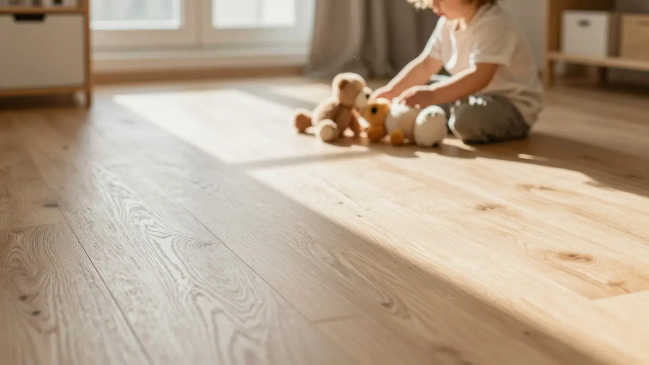 Kind spielt auf einem warmen, geölten Holzboden im sonnigen Spielzimmer