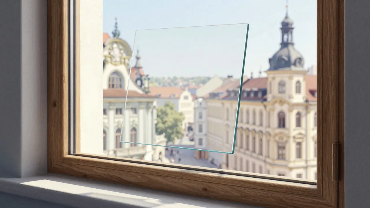 Konzeptillustration: Dünnfoliges Vakuumglas über einem historischen Fensterrahmen