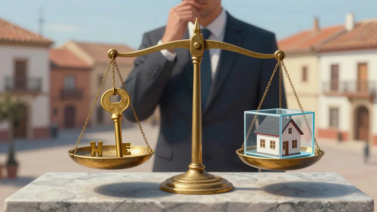 Konzeptionelle Illustration einer Waage mit Schlüssel und Miniaturhaus