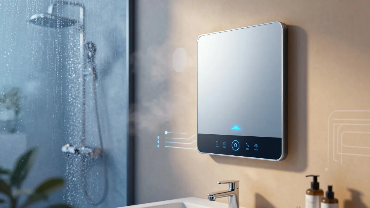 Konzeptkunst: Smart Home Technologie sicher integriert in einem modernen Badezimmer