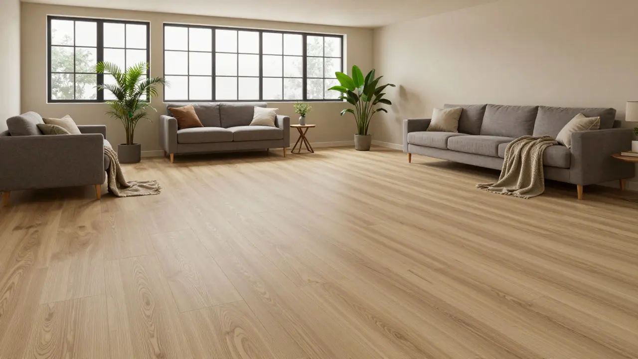 Modern renovierter trockener Keller mit warmem SPC-Vinyl-Bodenbelag