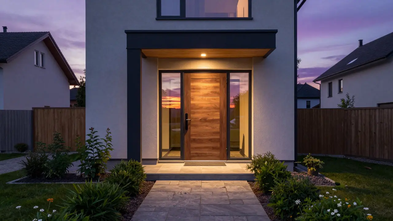 Moderne Haustür mit niedriger Schwelle am Abendlicht eines Einfamilienhauses