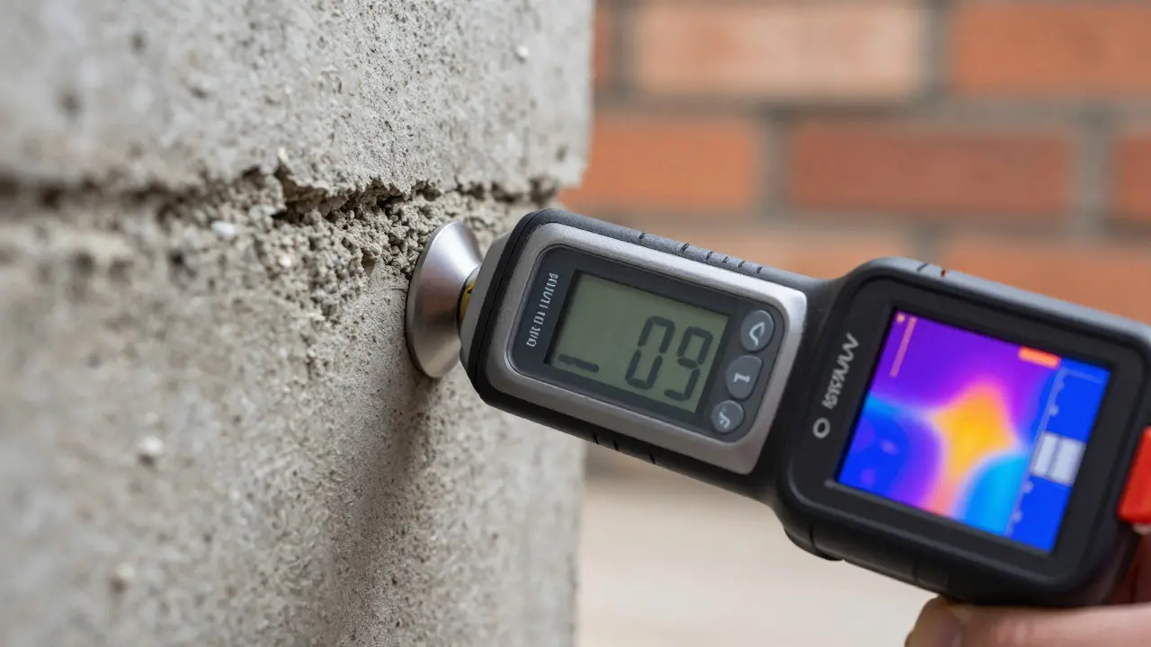 Moisture meter and thermal camera analyzing a damp concrete foundation wall