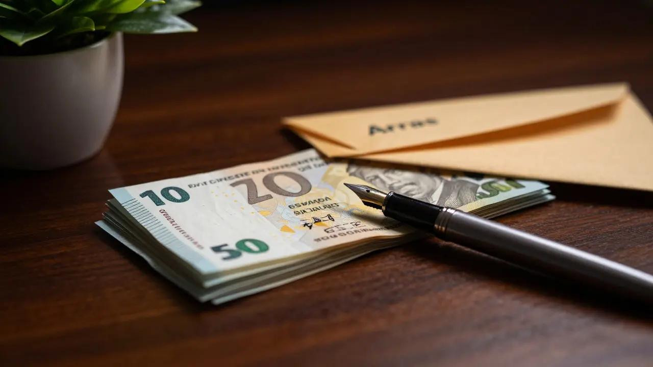 Nahaufnahme von Banknoten und Füllfederhalter auf einem Schreibtisch
