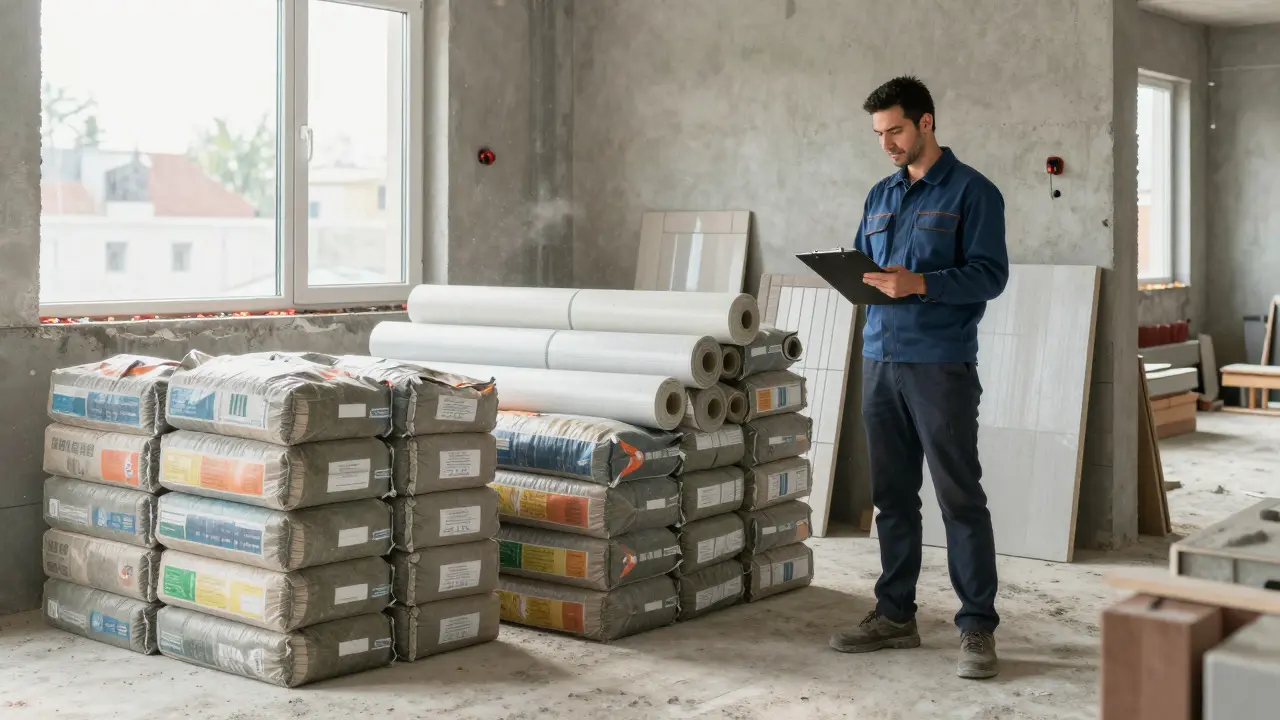 Organisierte Baustelle mit Materialreserven und prüfendem Handwerker