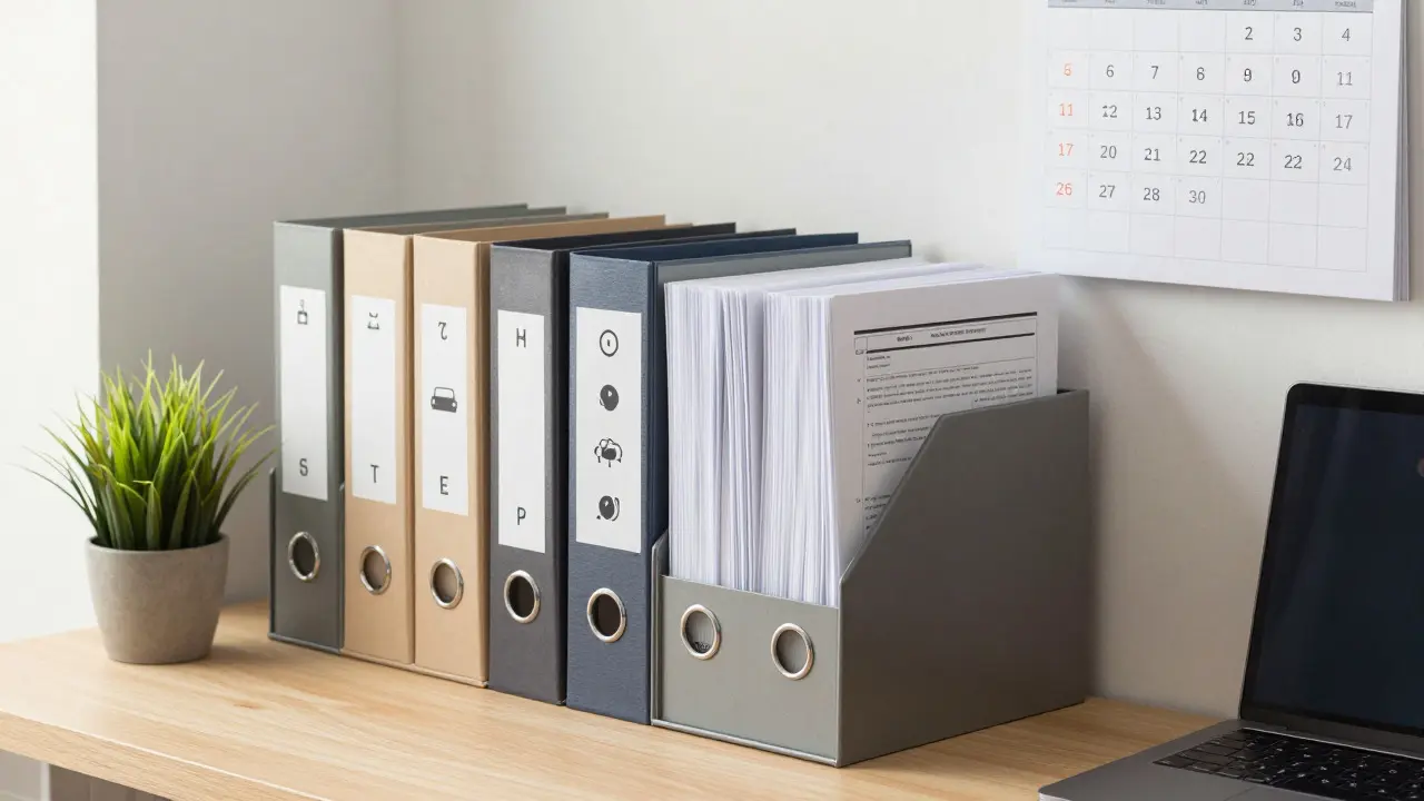 Organisiertes Ablagesystem für Dokumente in einem Homeoffice