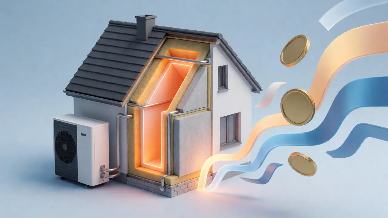 Querschnitt eines energieeffizienten Hauses mit Wärmepumpe