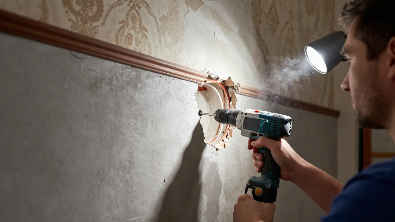 Reparatur eines Rohrs durch gezieltes Bohren in eine alte Wand