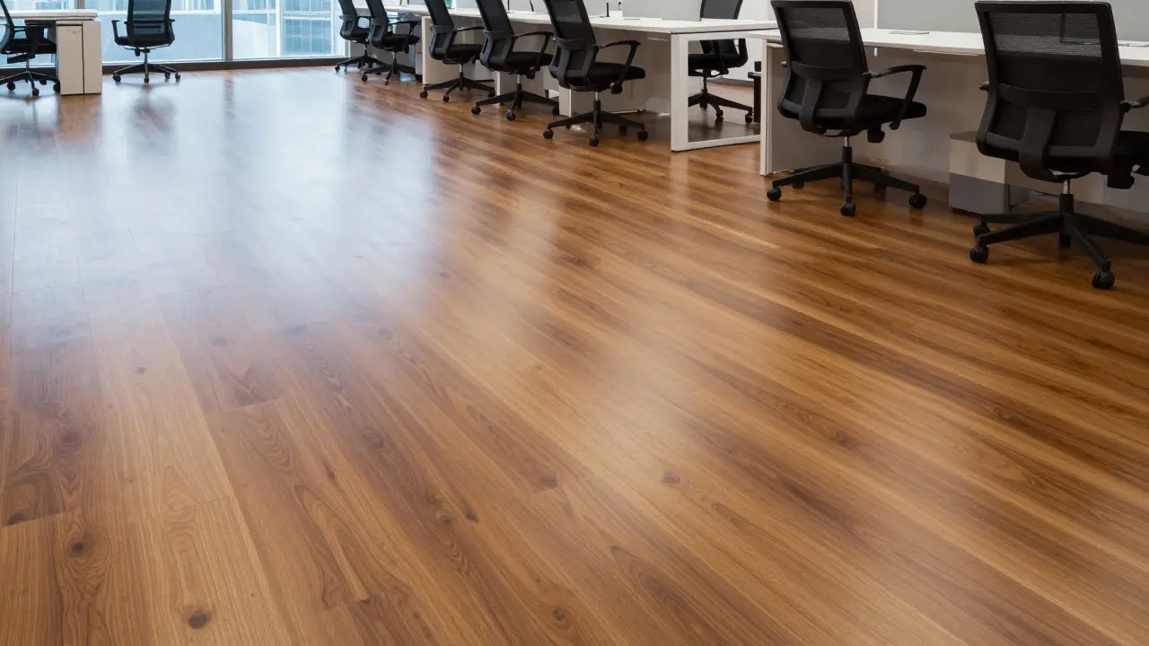 Robuster, lackierter Holzboden in einem modernen Büro mit Rollstühlen