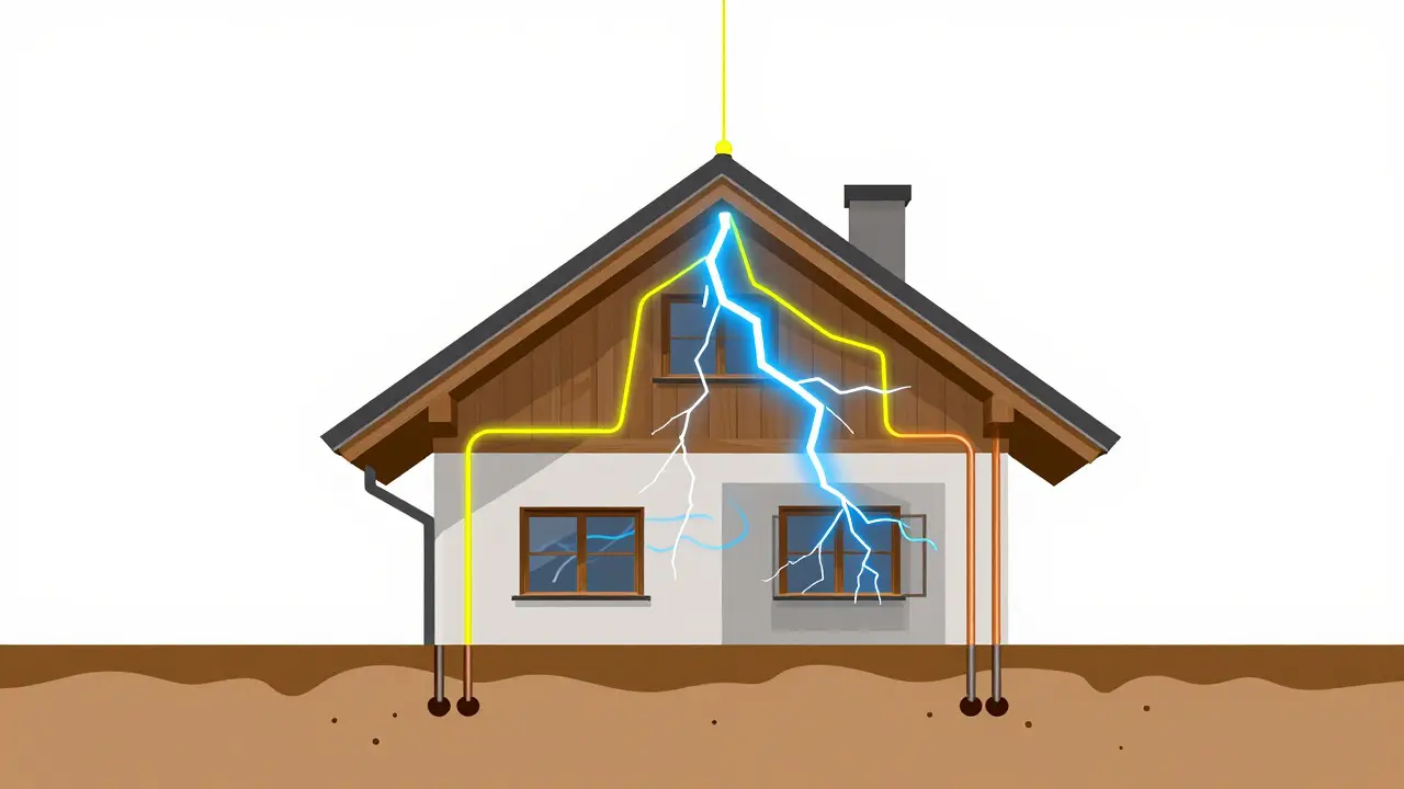 Schematische Darstellung des äußeren und inneren Blitzschutzes