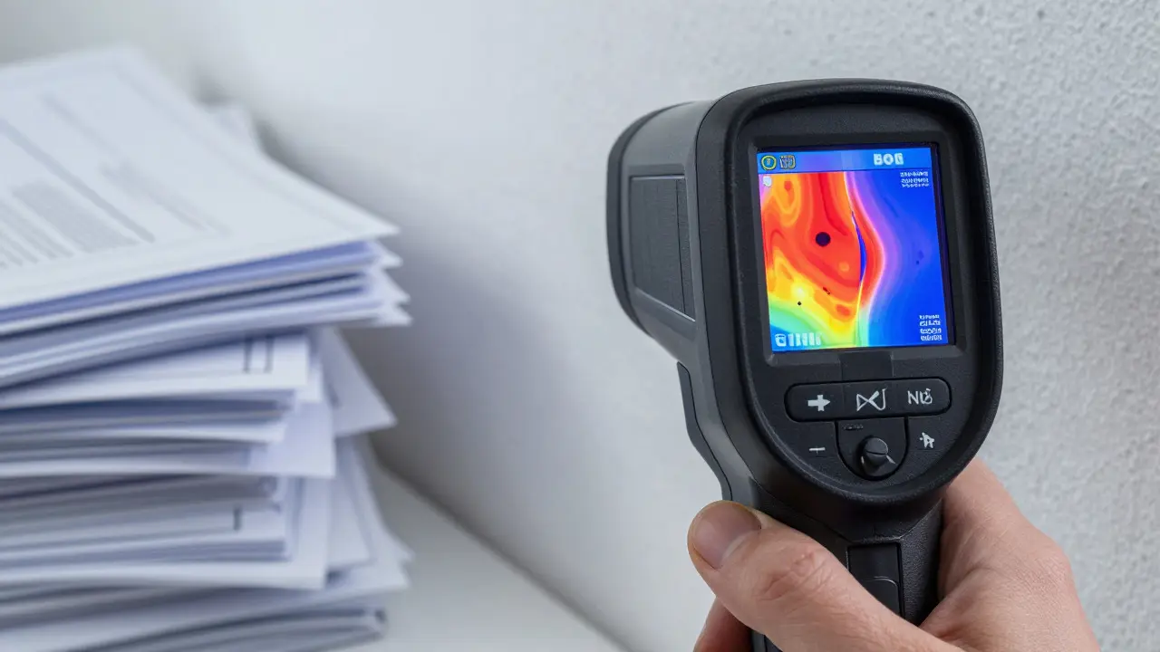 Thermografie-Kamera zeigt versteckte Feuchtigkeit in einer Wand während der Sanierung.