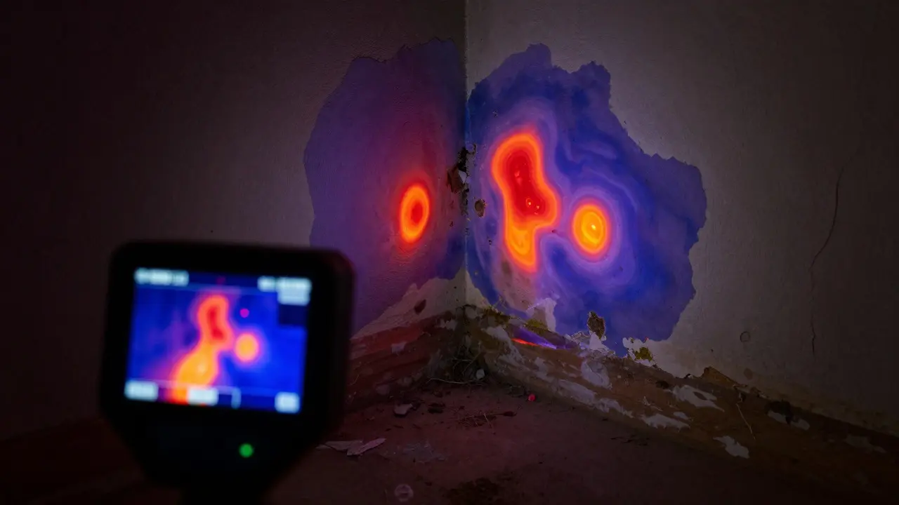 Thermografie-Kamera zeigt versteckte Feuchtigkeitsinseln hinter der Wand