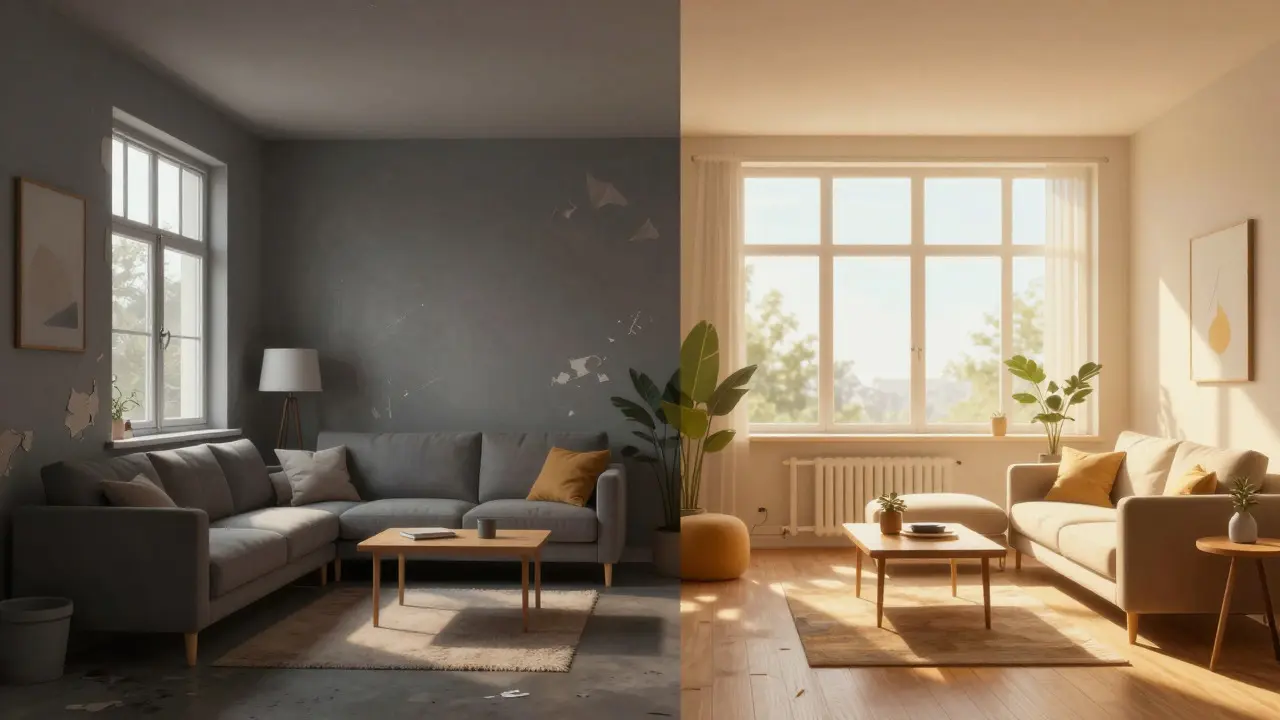 Vergleich: Kalter Altbau versus helles, effizientes Effizienzhaus