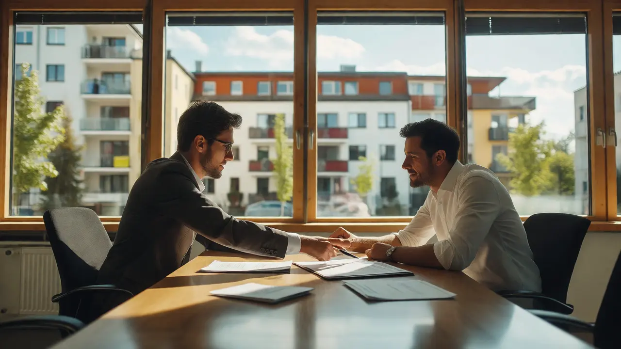 Anwalt erklärt Kunden die Vertragsdetails in einem hellen Büro mit Blick auf Wohnungen.
