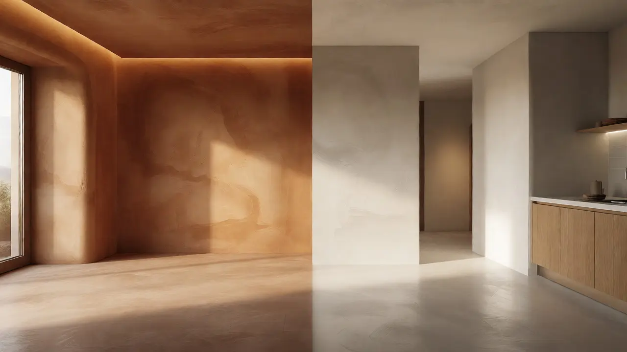Architektonischer Vergleich von Wohnraum mit Lehmputz und Küche mit Kalkputz