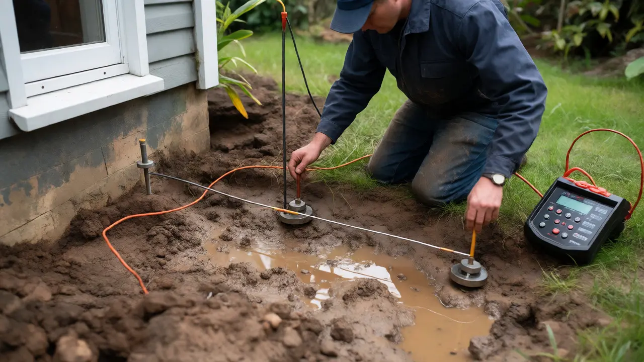 Elektriker misst den Erdungswiderstand im Garten mit Hilfserdern und Messgerät.