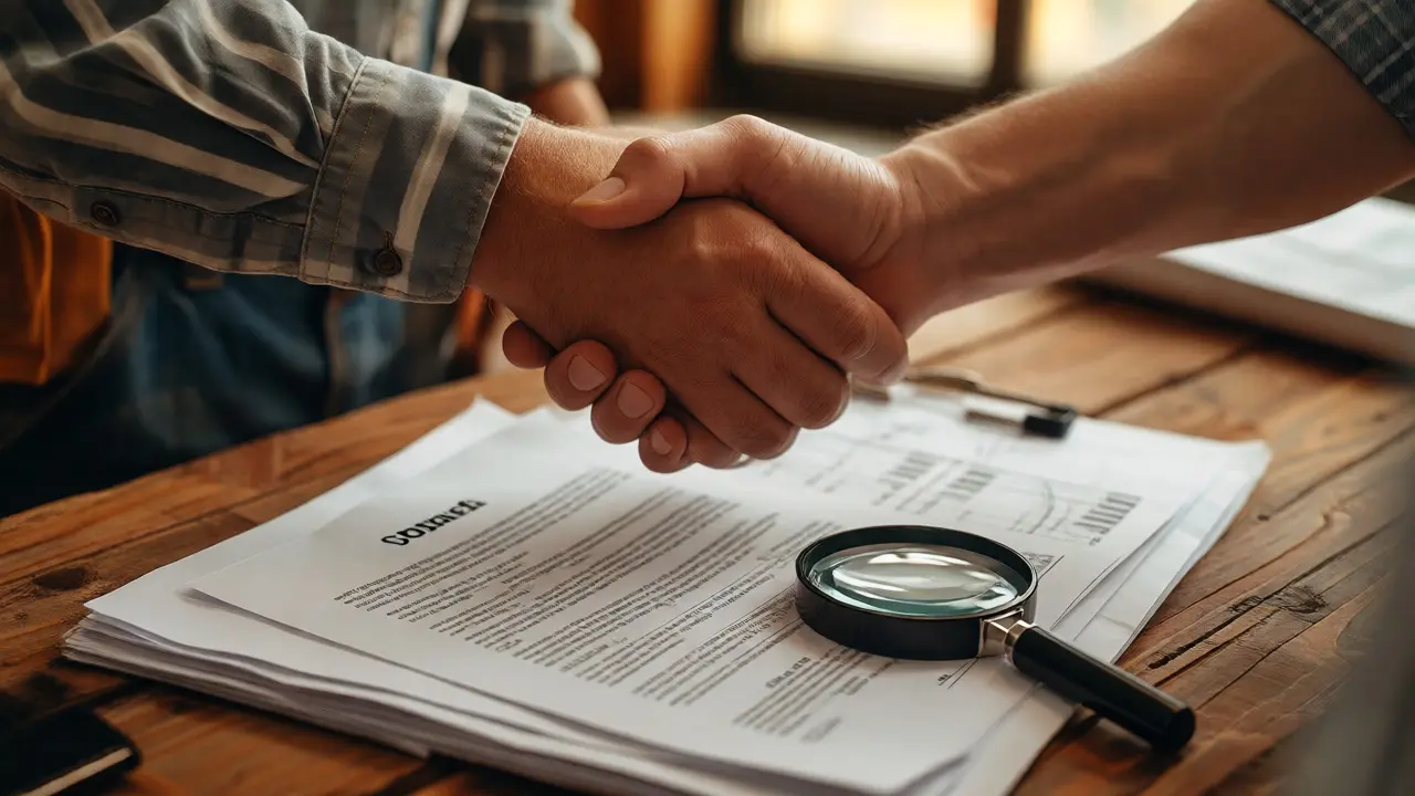 Händedruck über Verträgen und Bauplänen zwischen Eigentümer und Handwerker