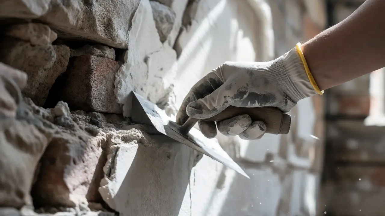 Handschuhtragende Hand trägt weißen Kalkputz auf eine historische Steinwand auf