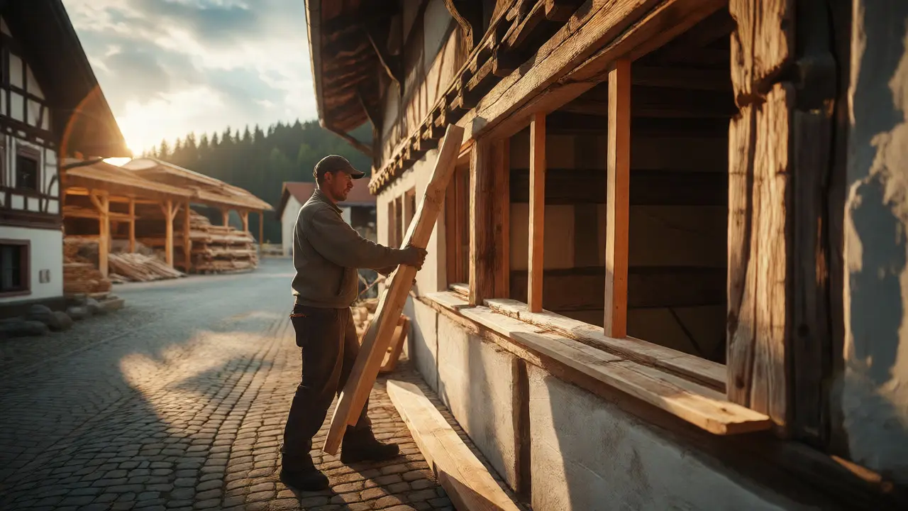 Handwerker rettet alte Holzbalken bei einer Sanierung, um graue Energie zu sparen.