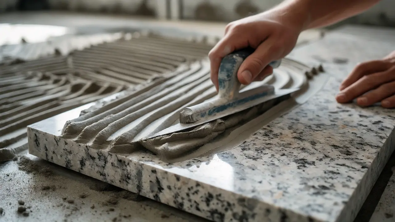 Handwerker verlegt Granitplatten mit dem Buttering-Floating-Verfahren