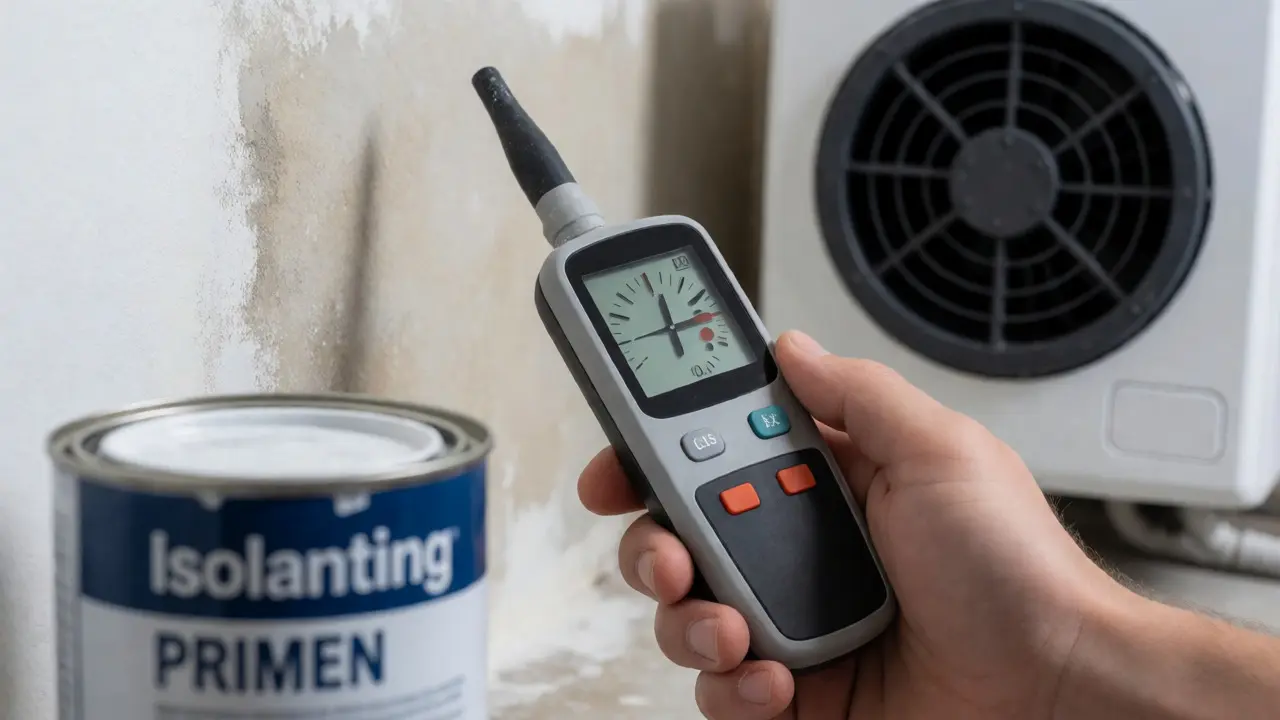 Hygrometer misst Restfeuchte an feuchter Wand neben Bautrockner und Farbeimer.