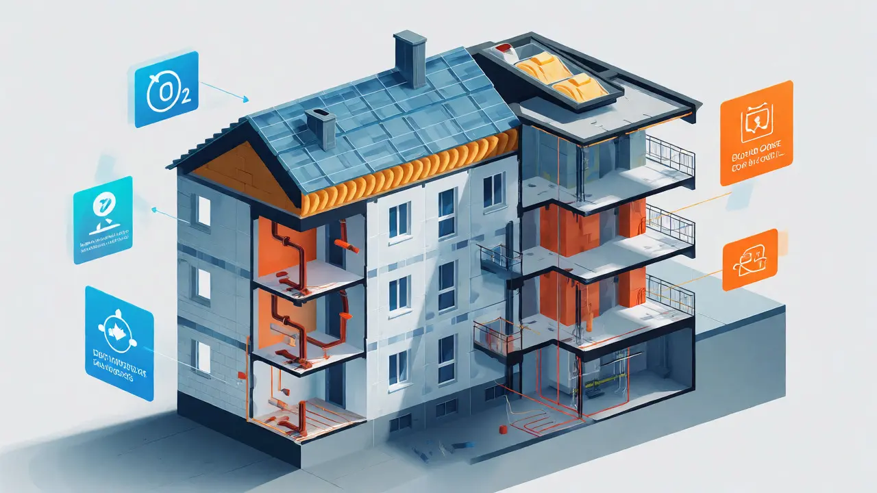 Isometrische Darstellung einer Gebäudesanierung mit Fokus auf Dämmung und Energieeffizienz.