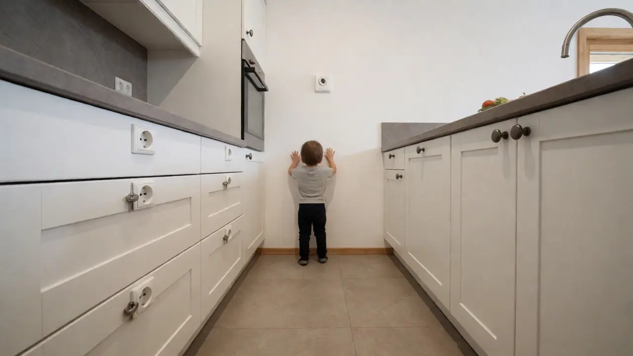 Kindersichere Küche mit Schlössern und hohem Schalter