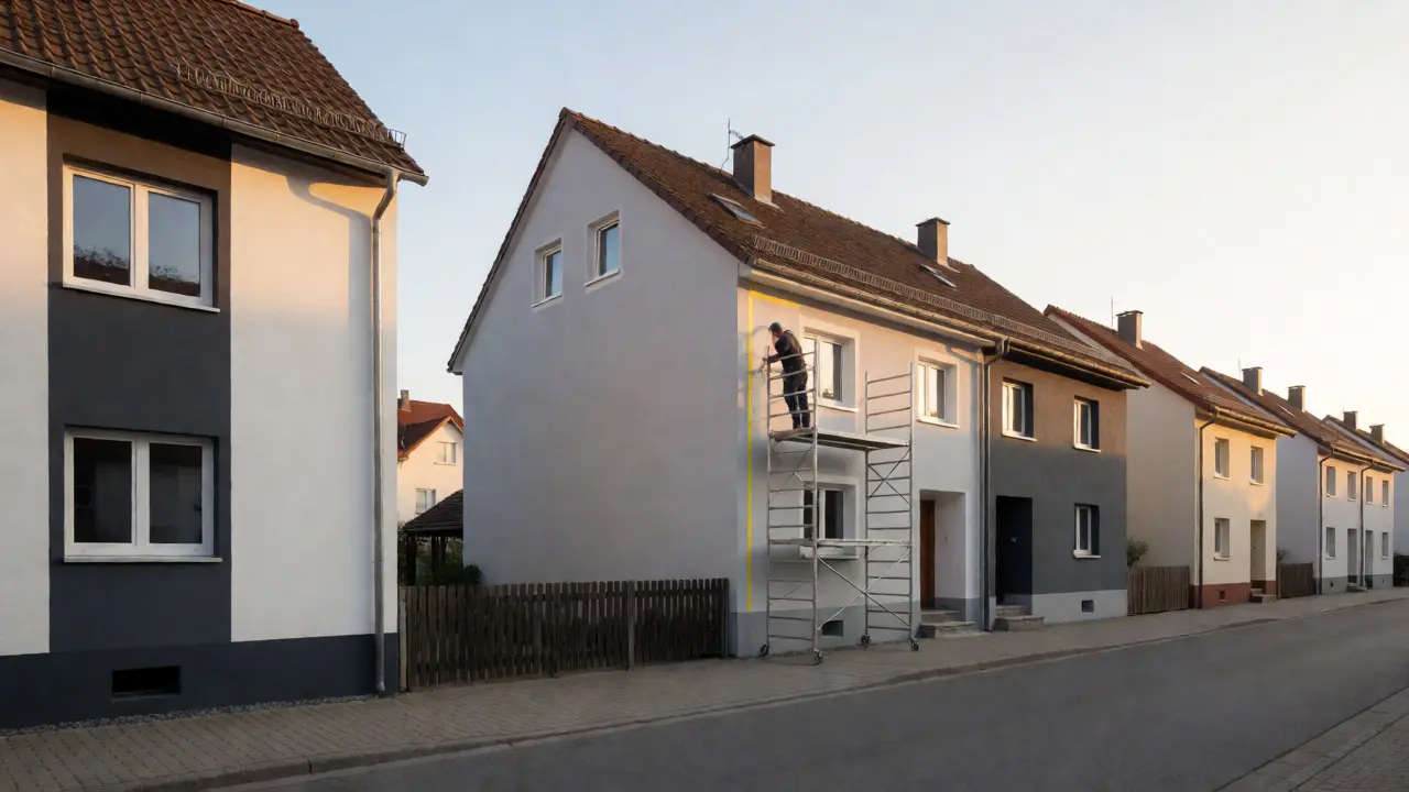 Maler auf einem Gerüst streicht eine zweifarbige Fassade in einer österreichischen Wohnstraße bei Sonnenuntergang.