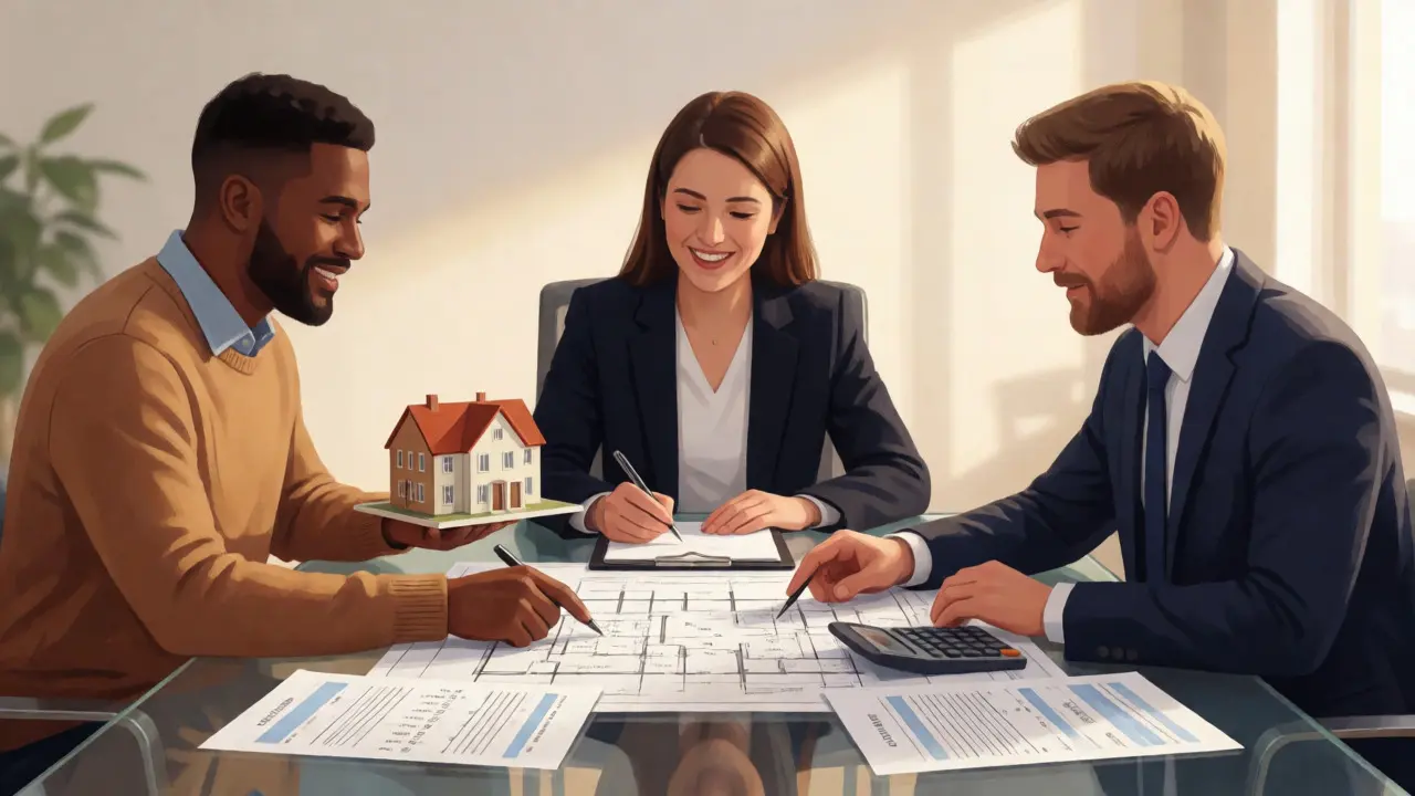 Mediatorin und Erben diskutieren Immobilienpläne und Finanzen bei einer Einigungssitzung.