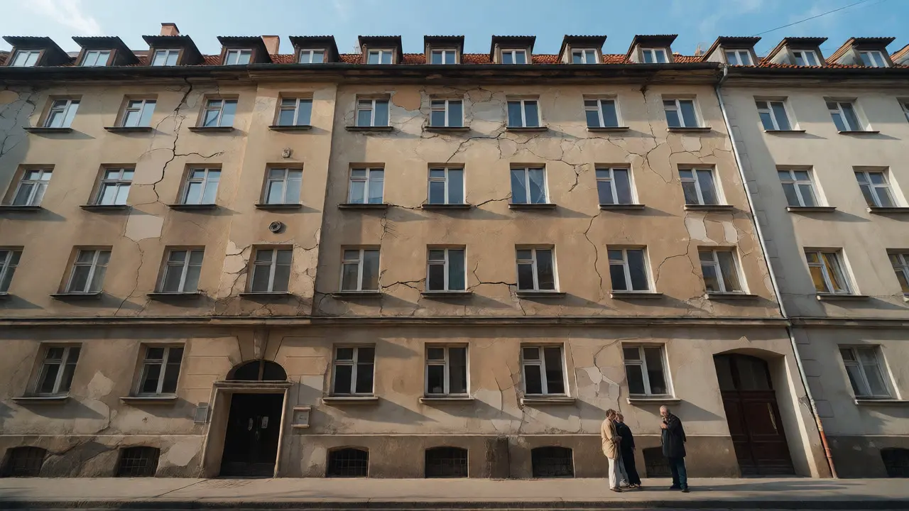Nachbarn betrachten Schäden an der Fassade eines Mehrfamilienhauses