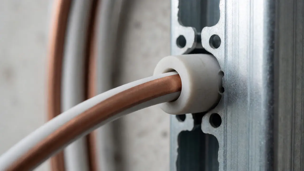 Nahaufnahme eines Kantenschutzes für Kabel am Metallprofil