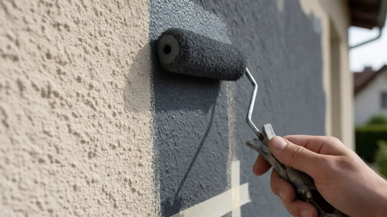 Nahaufnahme eines Probeanstrichs auf einer rauen Außenwand zur Überprüfung der Farbwirkung.