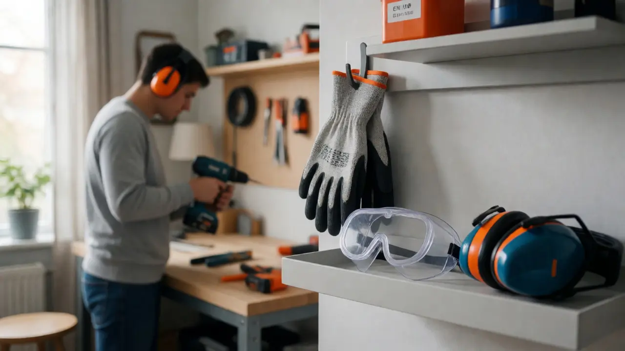 Ordnungsgemäß gelagerte PSA-Ausrüstung wie Handschuhe und Gehörschutz
