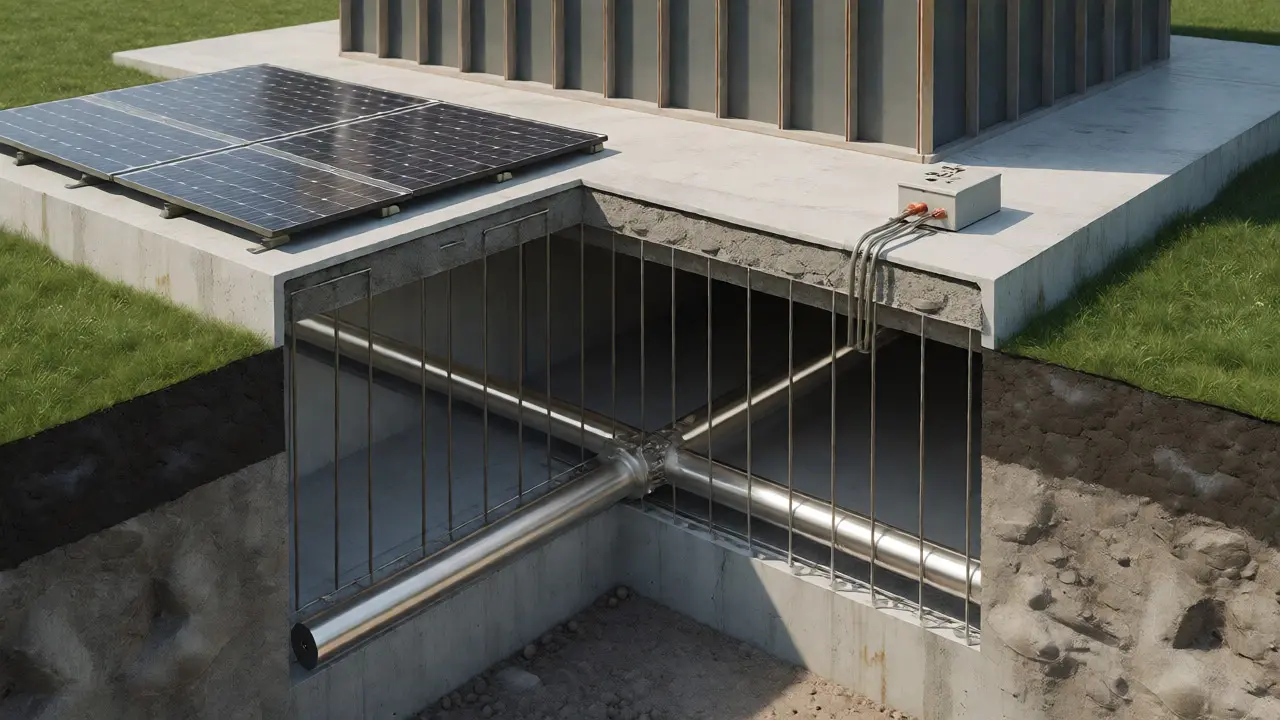 Querschnitt durch ein Betonfundament mit eingebettetem Edelstahl-Fundamenterder und Solaranlage.
