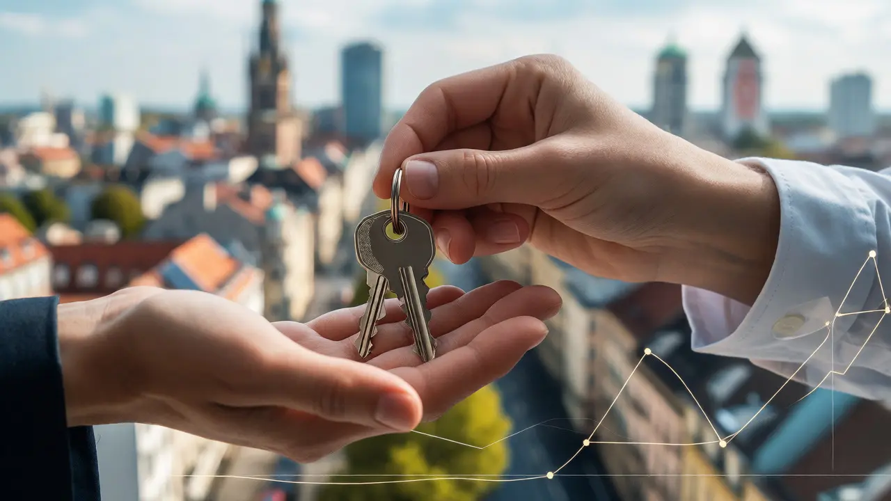 Schlüsselübergabe im neuen Zuhause vor städtischer Skyline